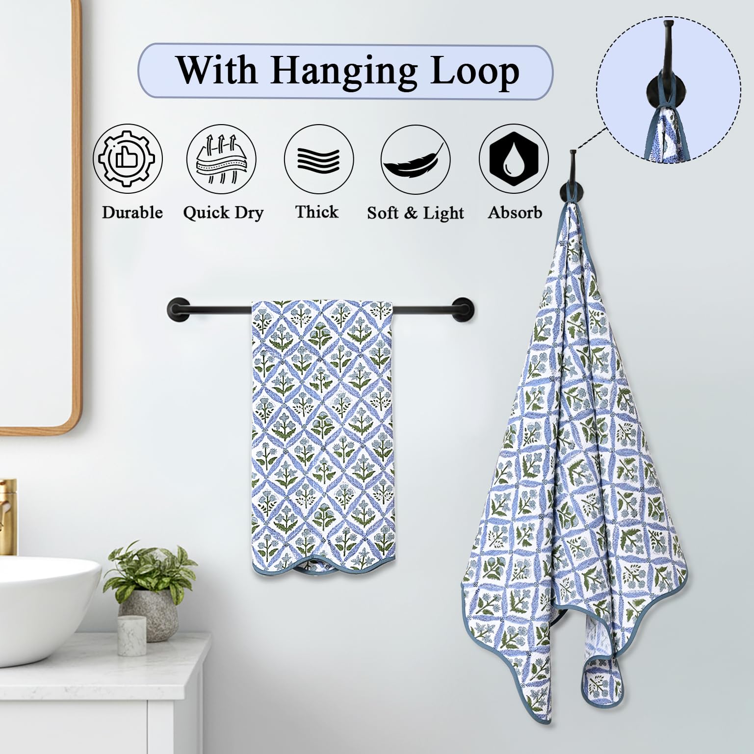 Hand Block Print Cotton Kitchen Towel - Light Steel Blue