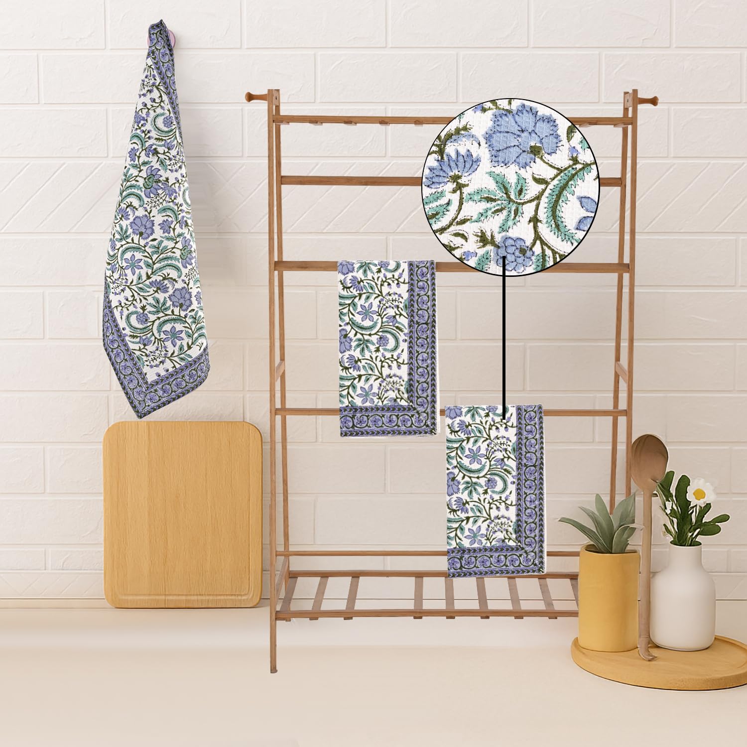 Hand Block Print Cotton Kitchen Towel - Columbia Blue