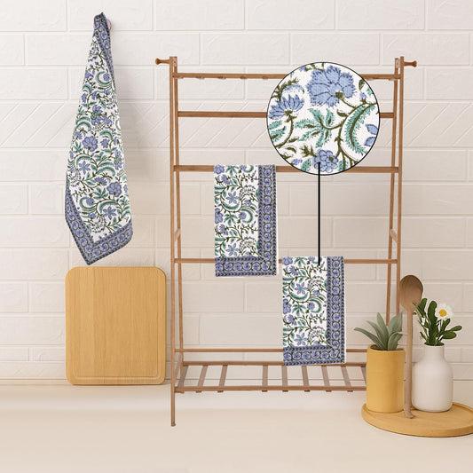 Hand Block Print Cotton Kitchen Towel - Columbia Blue