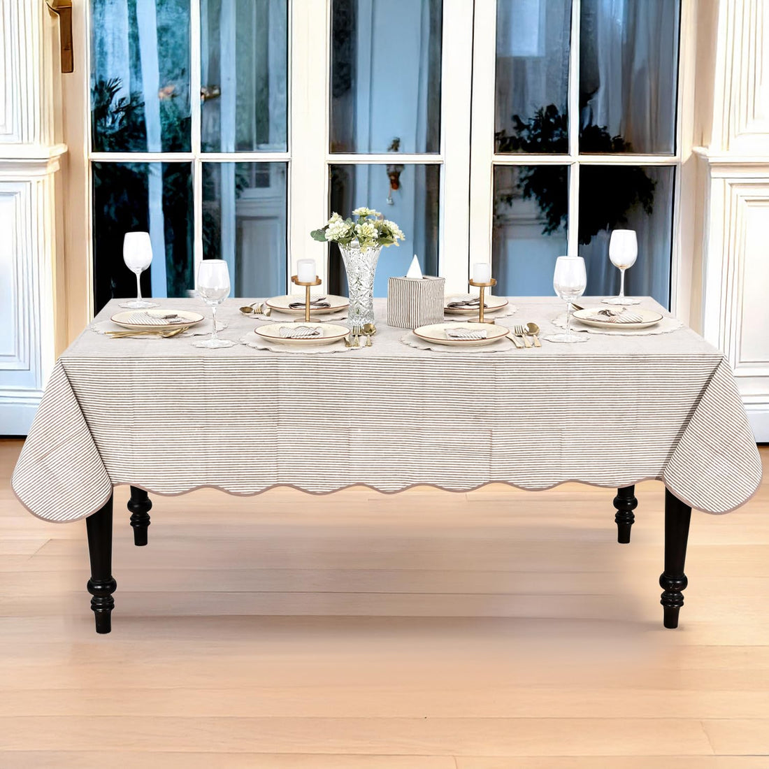 Hand Block Print Cotton Tablecloth - Oatmeal Brown Stripe