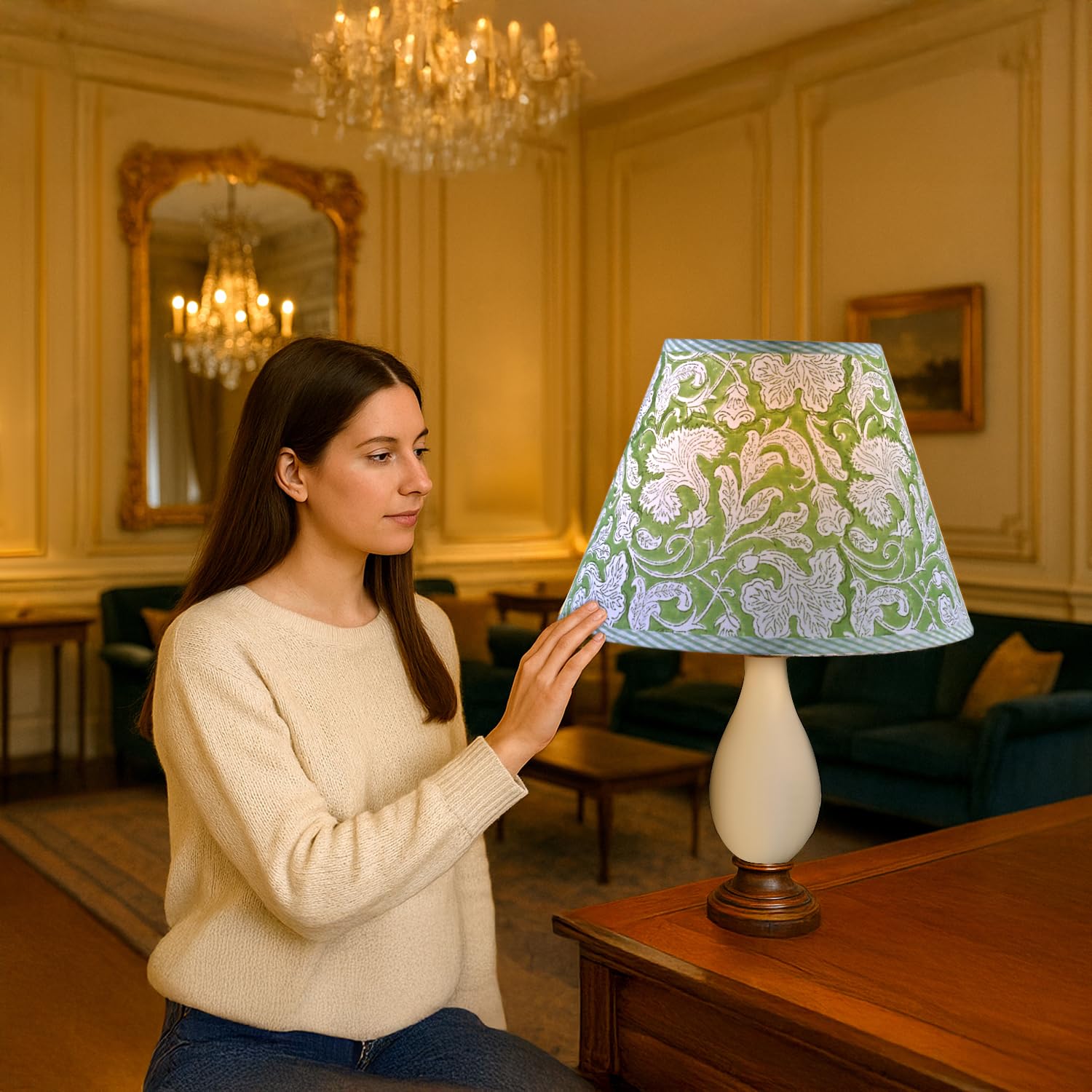 Hand Block Print Cotton Lampshade - Sage Green