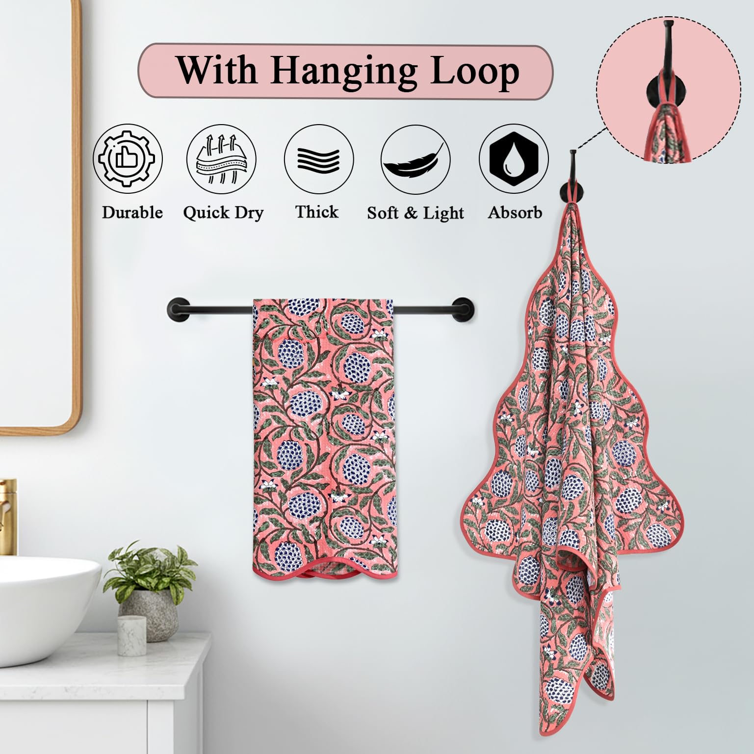 Hand Block Print Cotton Kitchen Towel - Dark Salmon