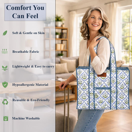 Hand Block Print Cotton Tote Bag - Light Steel Blue