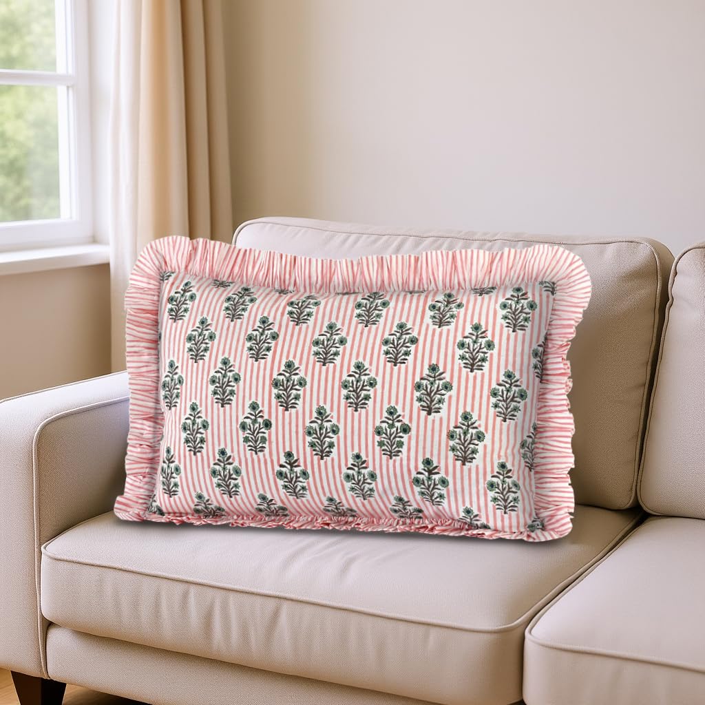 Hand Block Print Cotton Throw Pillow Cover - Salmon Blossom
