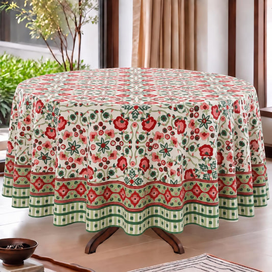 Ridhi apple red & green hand block print round cotton tablecloth