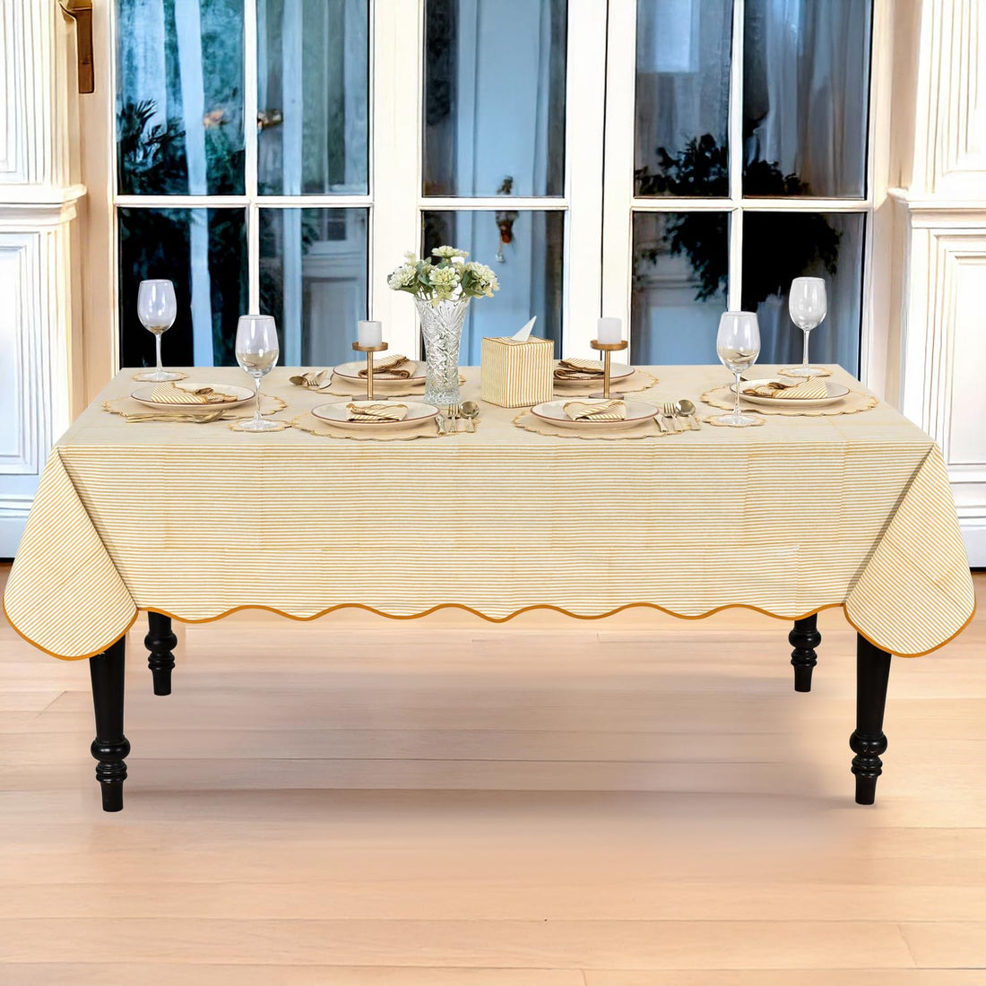 Hand Block Print Cotton Tablecloth - Warm Saffron Yellow Stripe