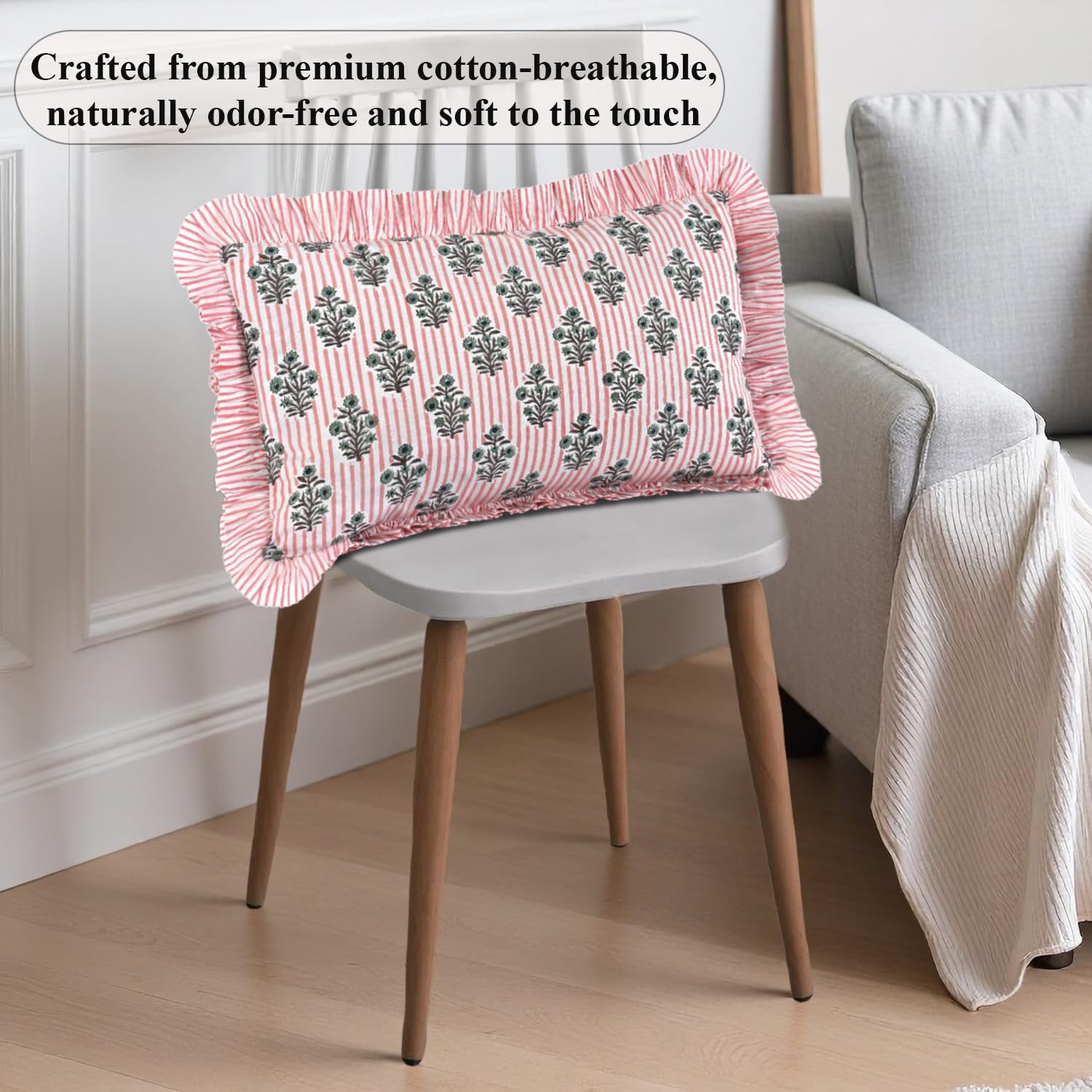 Hand Block Print Cotton Throw Pillow Cover - Salmon Blossom