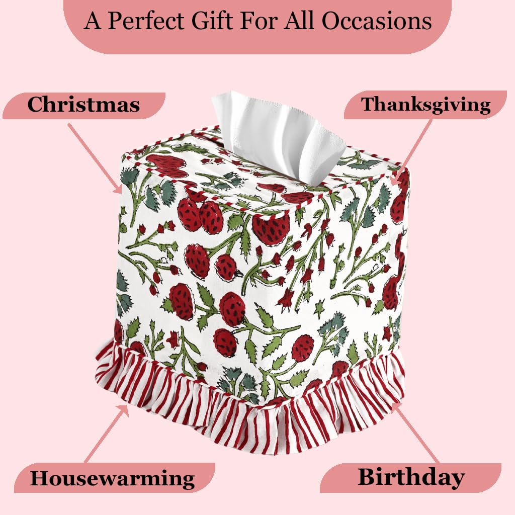 Hand Block Print Cotton Tissue Box Cover - Red Garnet