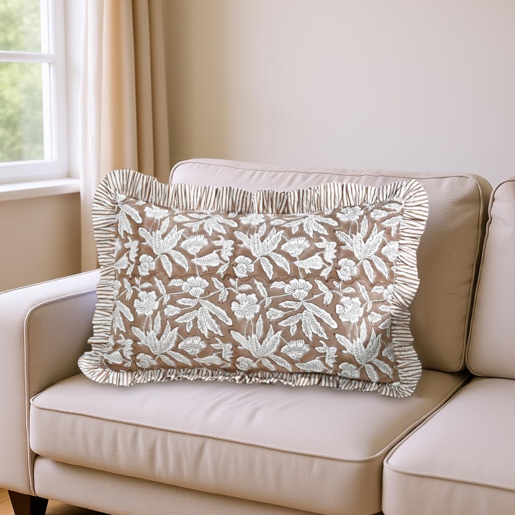 Hand Block Print Cotton Throw Pillow Cover - Oak Brown