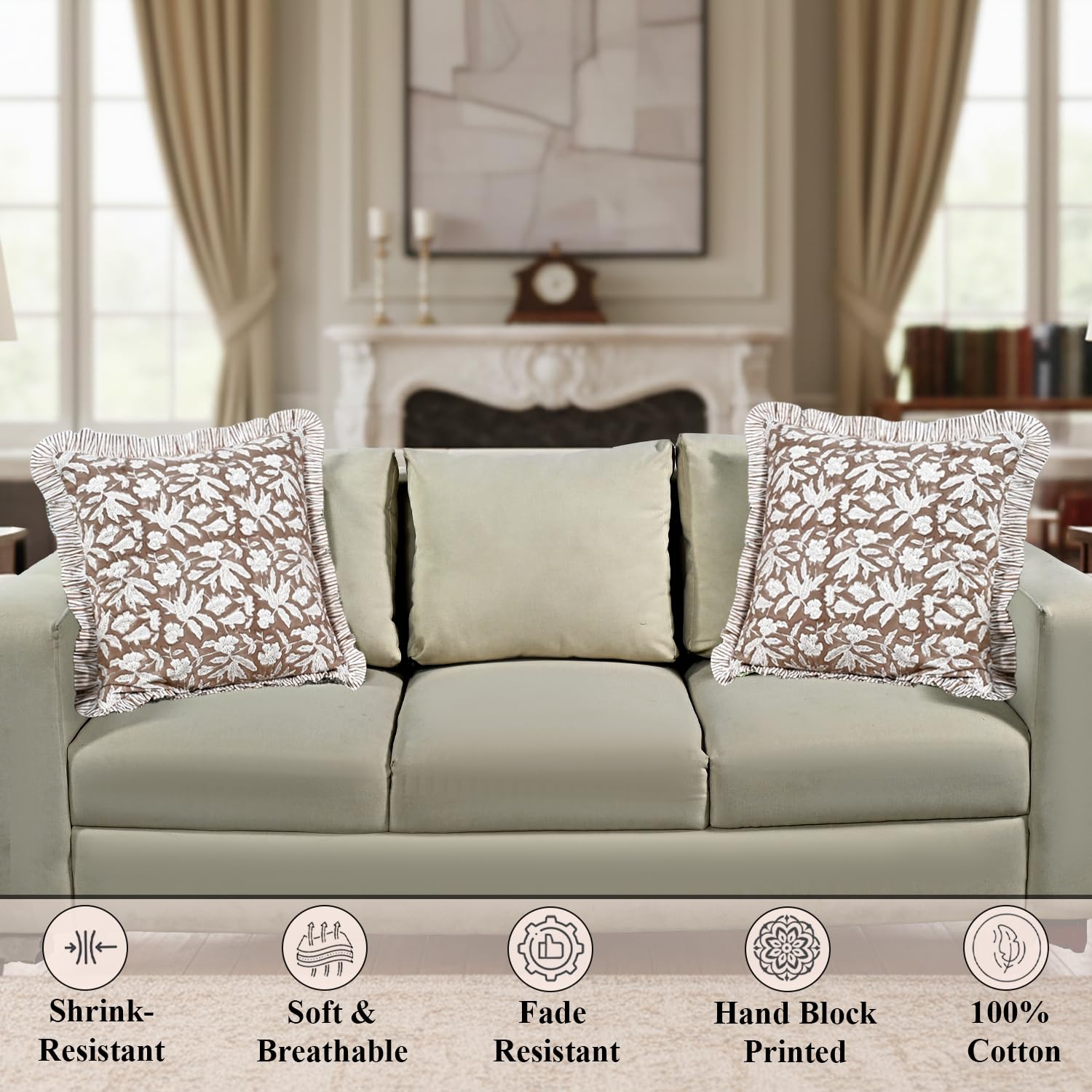 Hand Block Print Cotton Throw Pillow Cover - Oak Brown
