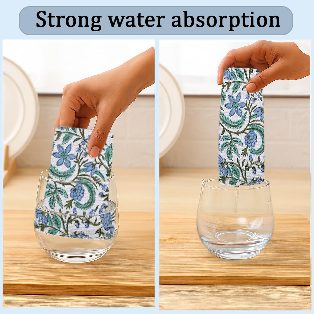 Hand Block Print Cotton Kitchen Towel - Columbia Blue