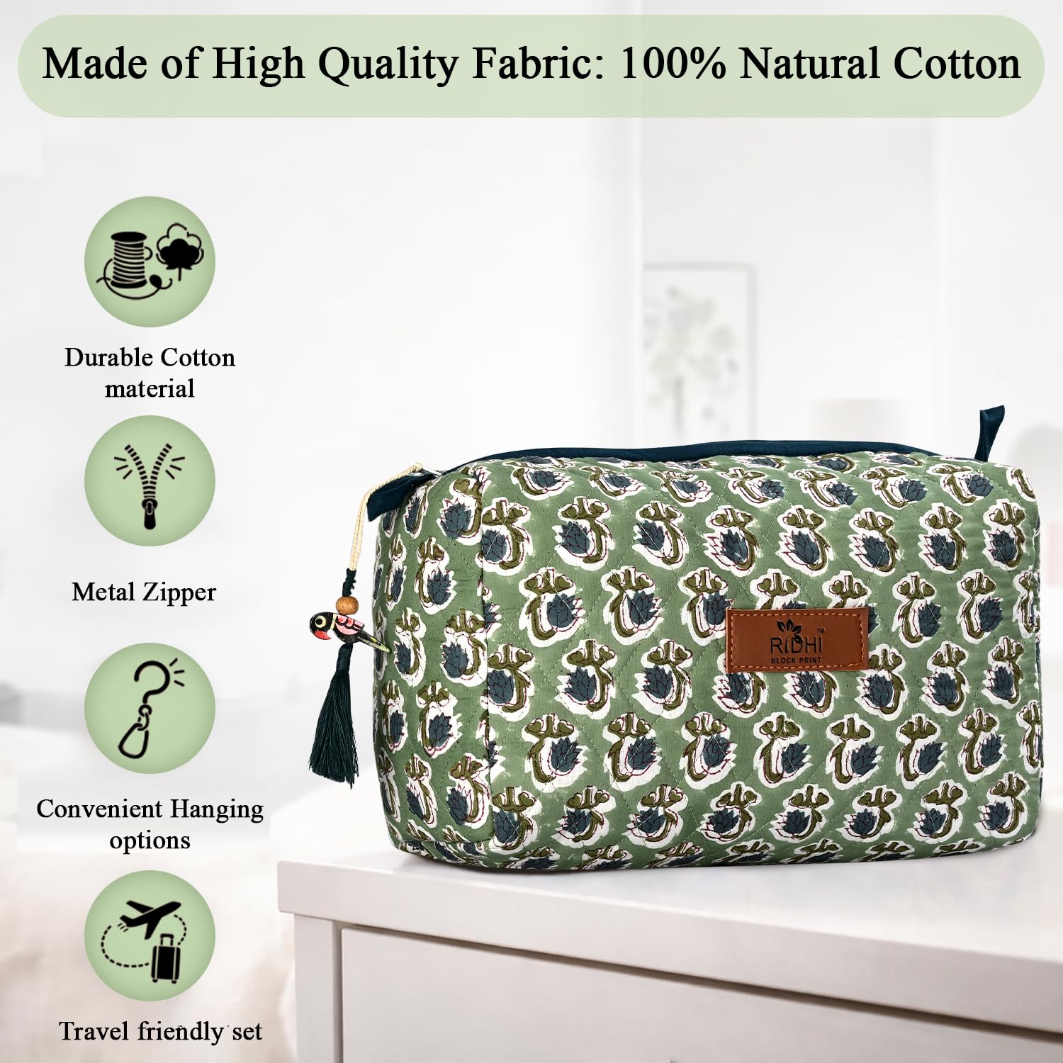 Hand Block Print Cotton Cosmetic Bag - Basil Green