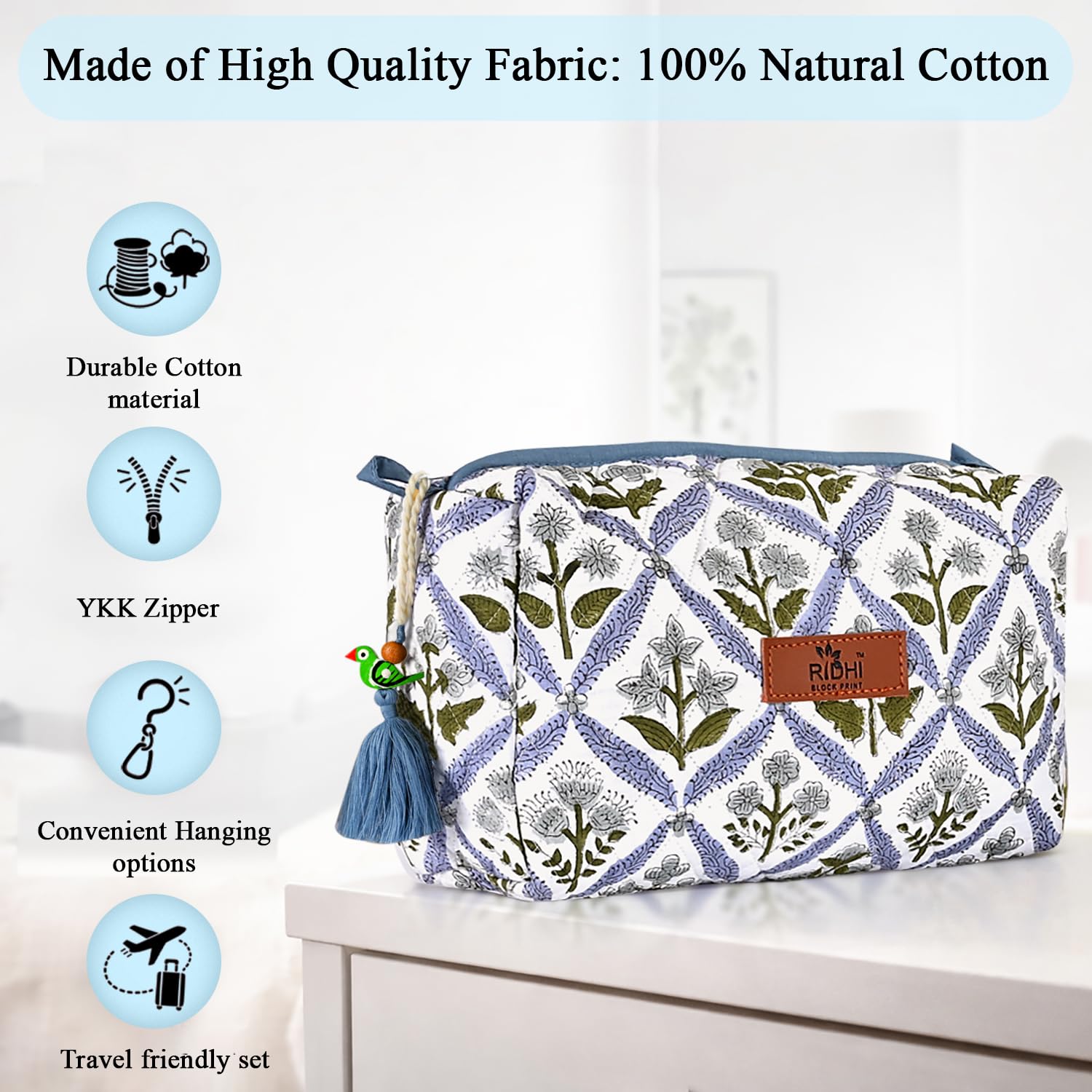 Hand Block Print Cotton Cosmetic Bag - Light Steel Blue