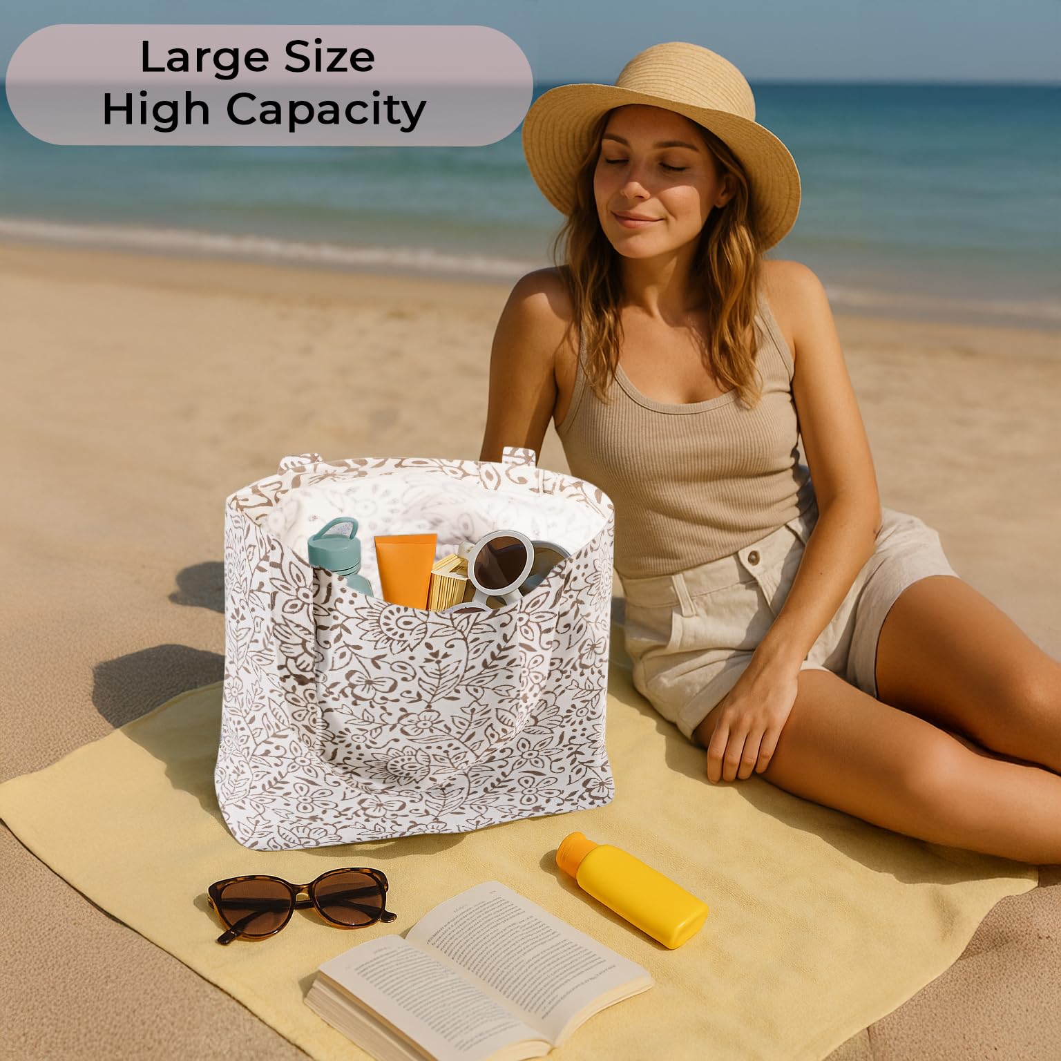 Hand Block Print Cotton Tote Bag - Taupe