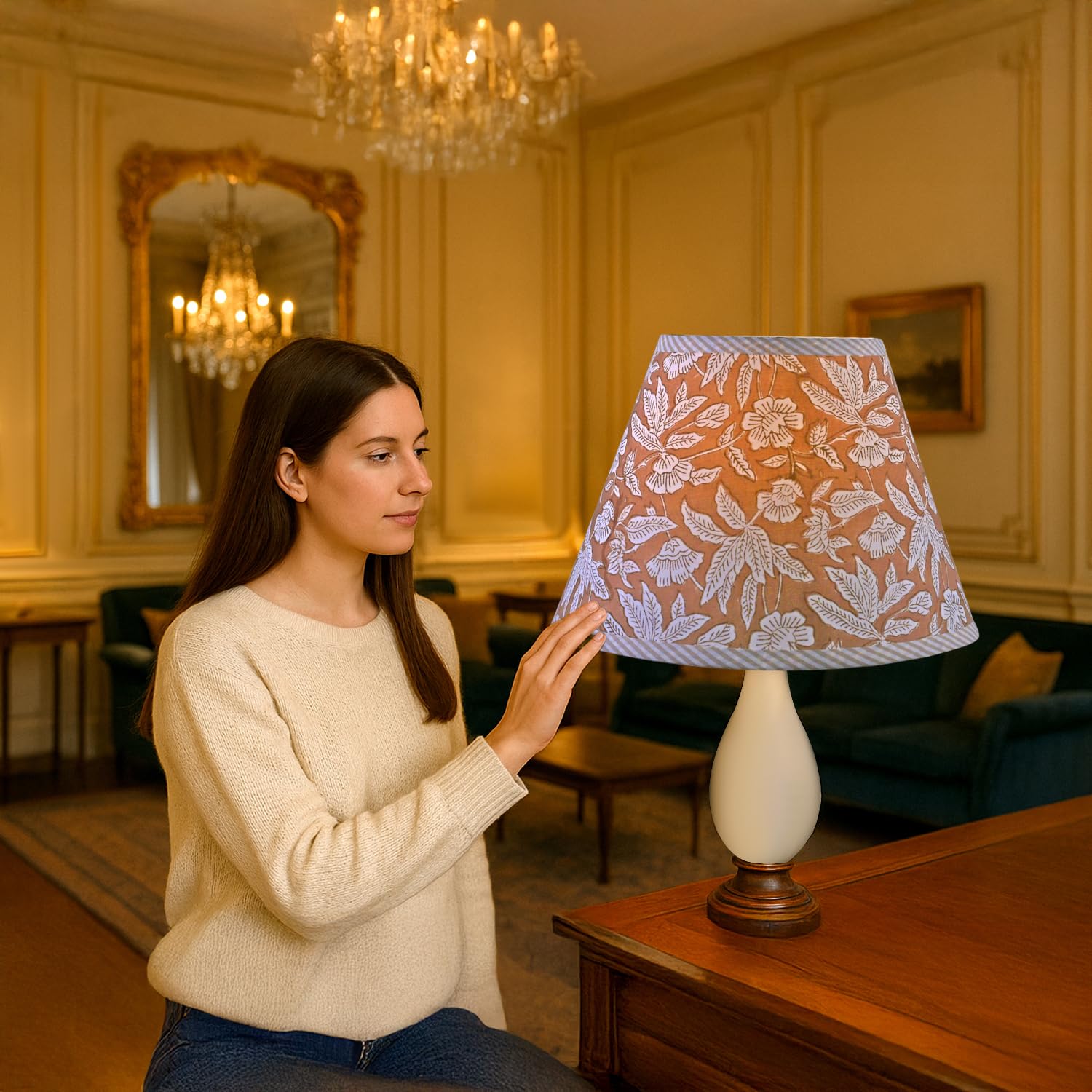 Hand Block Print Cotton Lampshade - Oak Brown