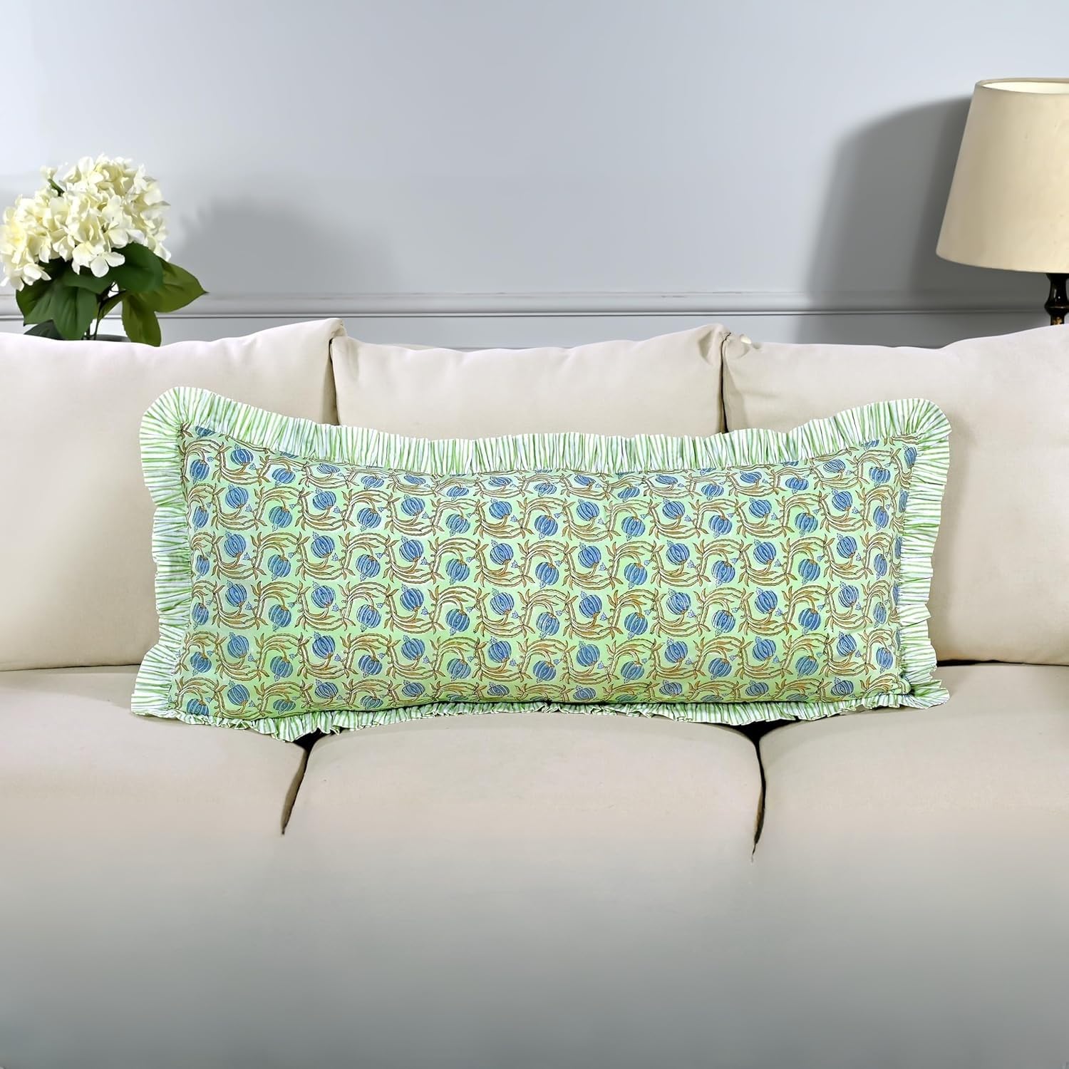 Hand Block Print Cotton Throw Pillow Cover - Apple Green Floral