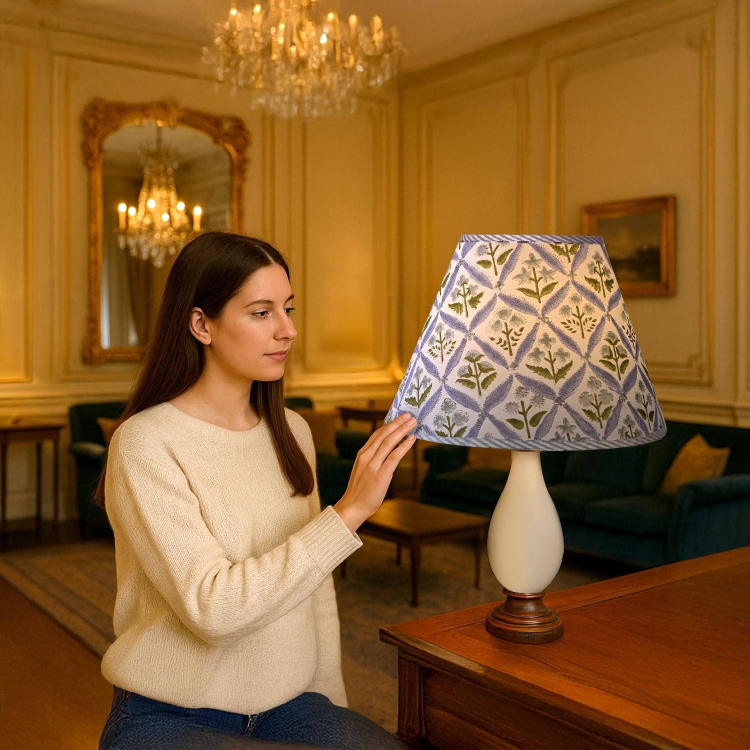Hand Block Print Cotton Lampshade - Light Steel Blue