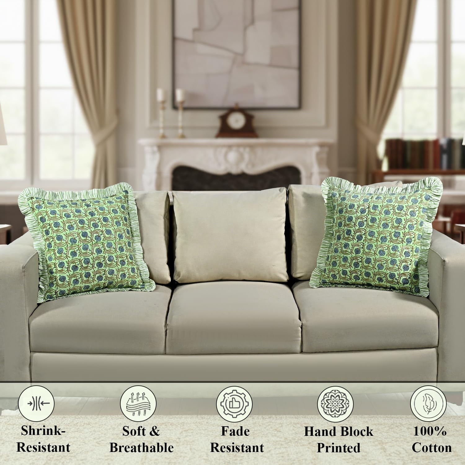 Hand Block Print Cotton Throw Pillow Cover - Apple Green Floral