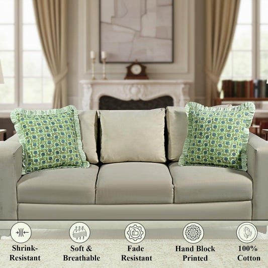 Hand Block Print Cotton Throw Pillow Cover - Apple Green Floral