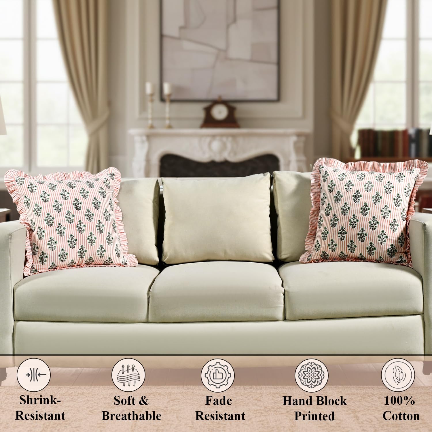 Hand Block Print Cotton Throw Pillow Cover - Salmon Blossom