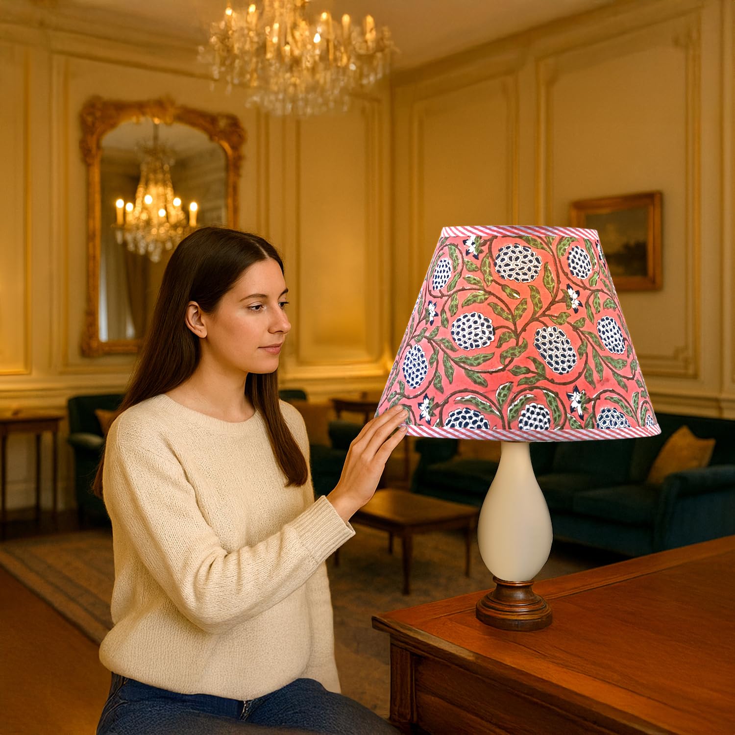 Hand Block Print Cotton Lampshade - Dark Salmon Pink