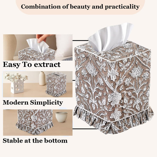 Hand Block Print Cotton Tissue Box Cover - Taupe