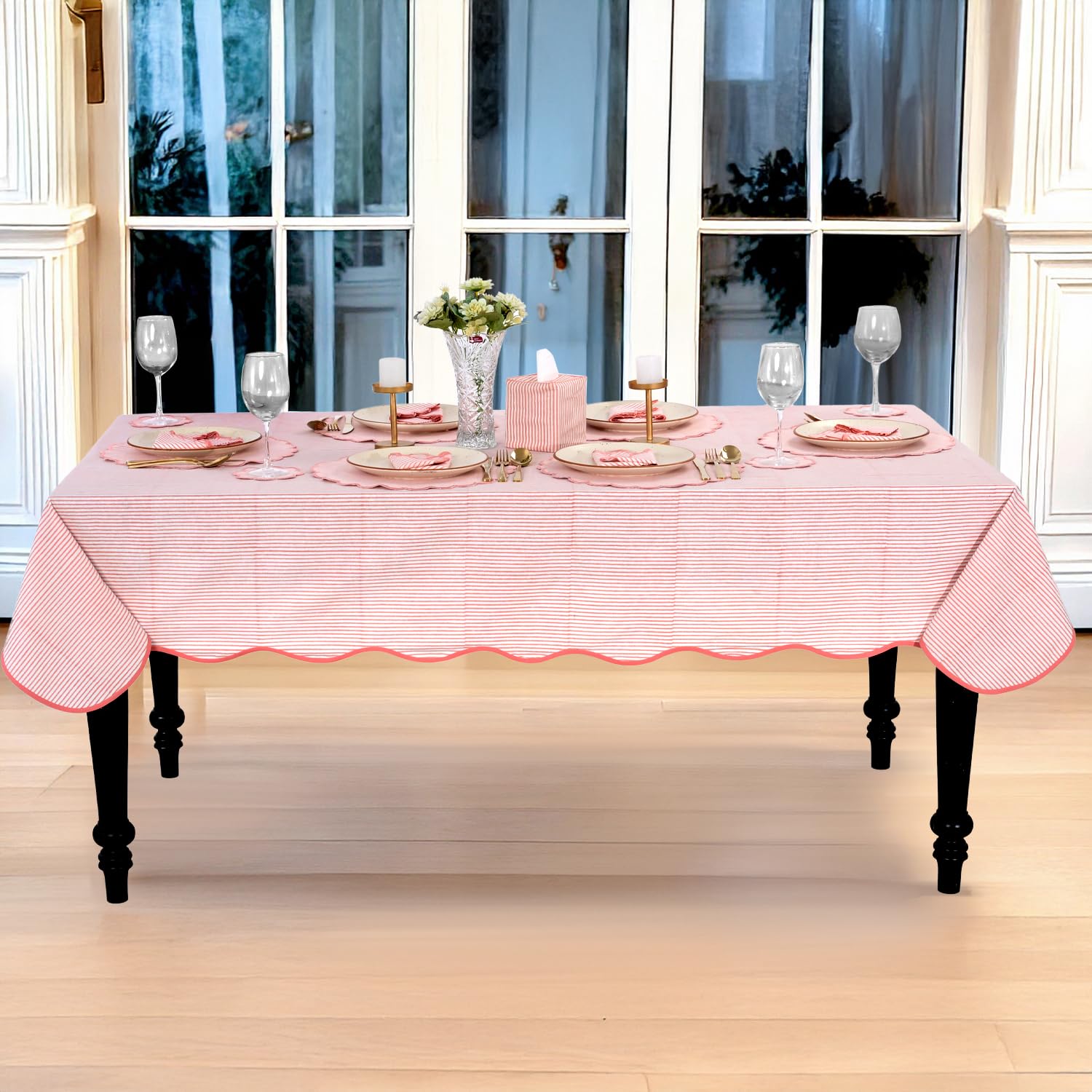 Hand Block Print Cotton Tablecloth - Taffy Pink Stripe