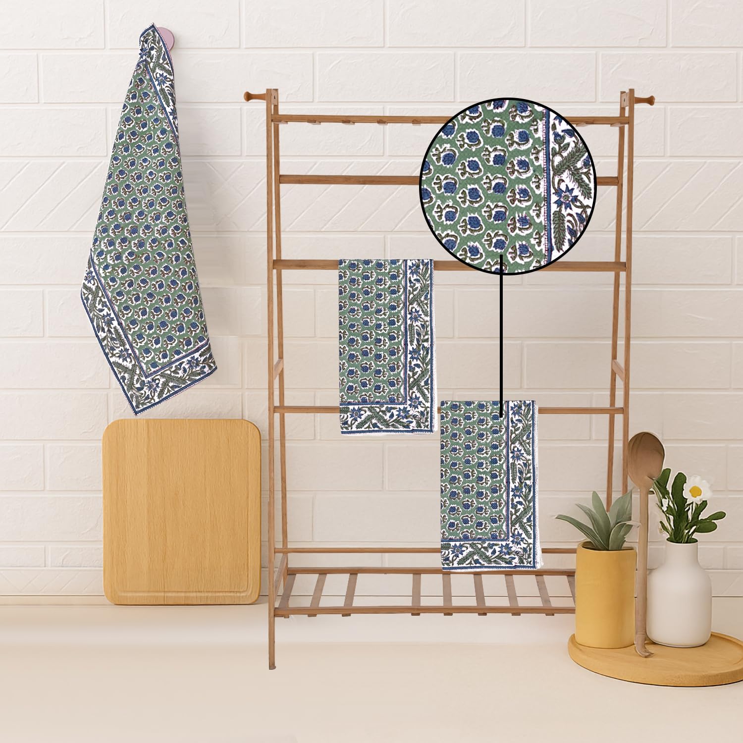 Hand Block Print Cotton Kitchen Towel - Basil Green