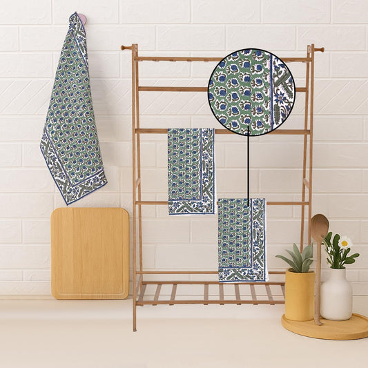 Hand Block Print Cotton Kitchen Towel - Basil Green