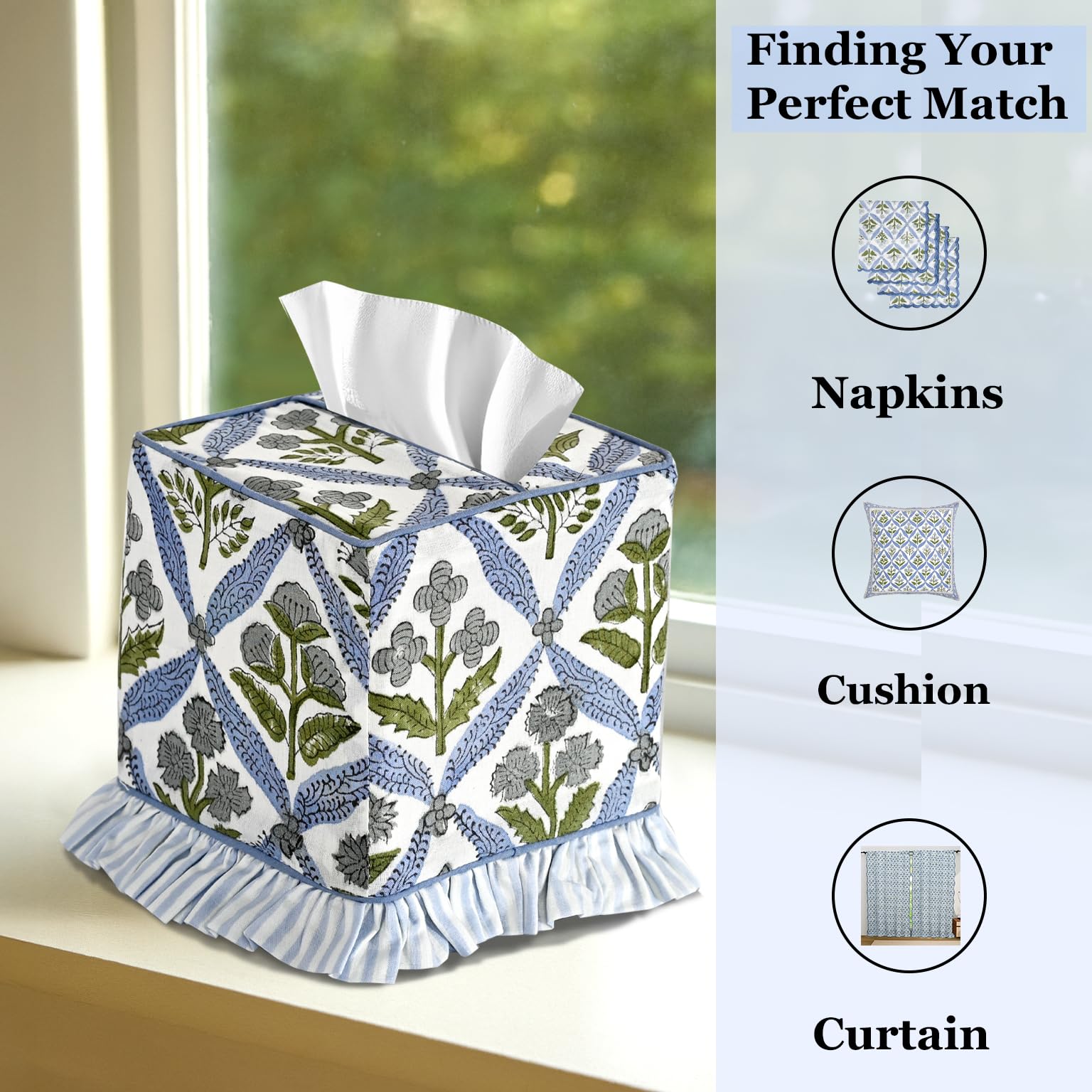 Hand Block Print Cotton Tissue Box Cover - Light Steel Blue
