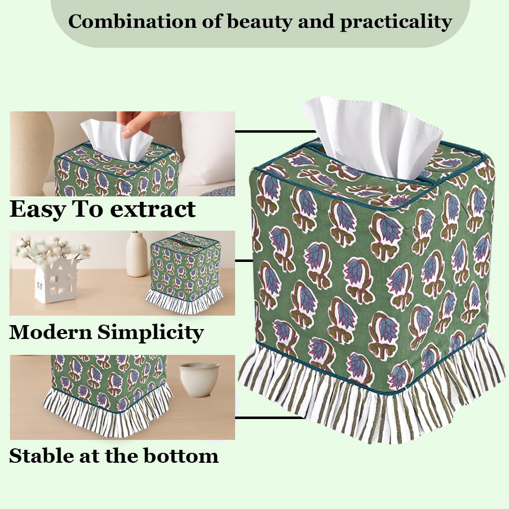 Hand Block Print Cotton Tissue Box Cover - Basil Green