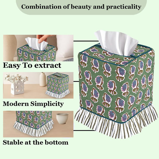 Hand Block Print Cotton Tissue Box Cover - Basil Green