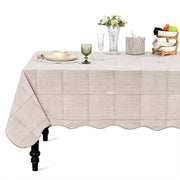 Block Print Cotton Scallop Tablecloth - Oatmeal Brown Stripe