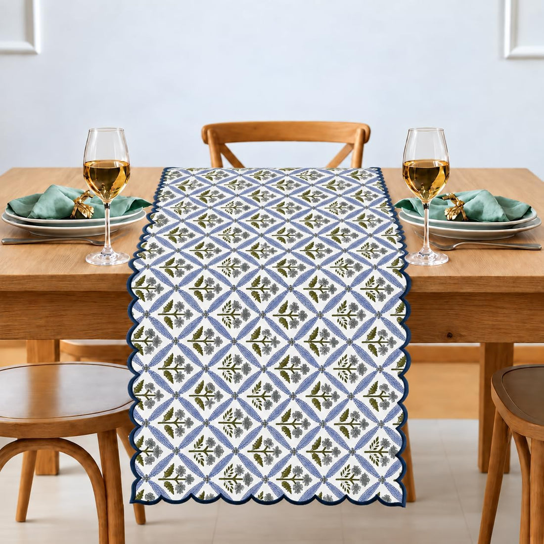 Light Steel Blue Hand Block Print Embroidered Cotton Table Runner