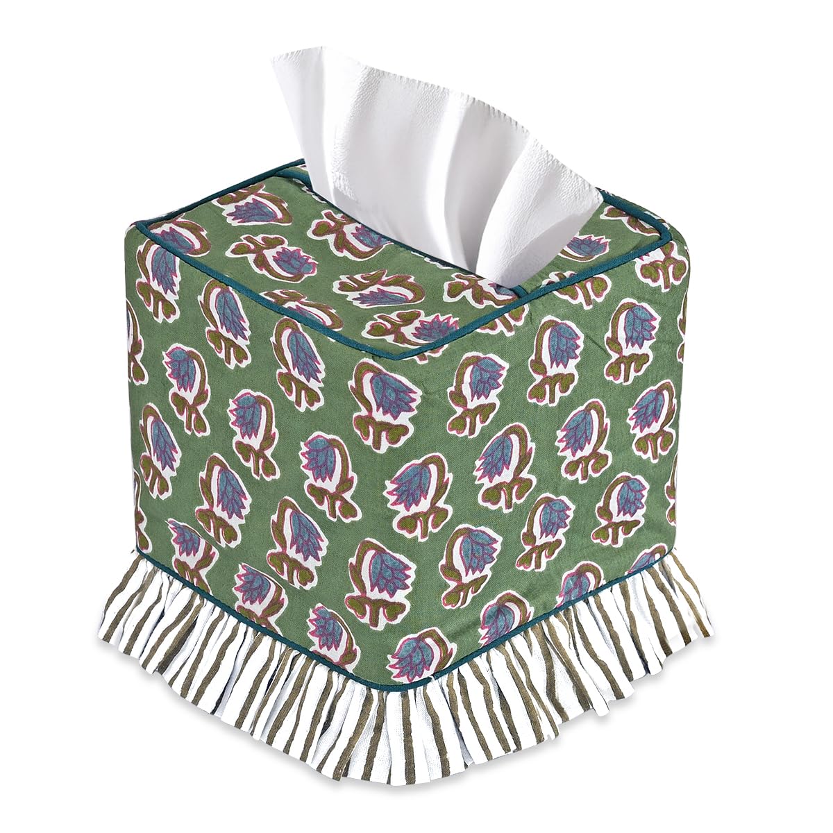 Hand Block Print Cotton Tissue Box Cover - Basil Green