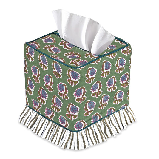 Hand Block Print Cotton Tissue Box Cover - Basil Green