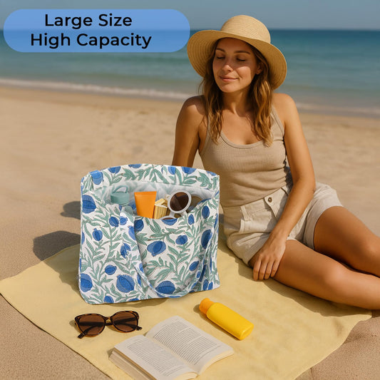 Hand Block Print Cotton Tote Bag - Queen Blue