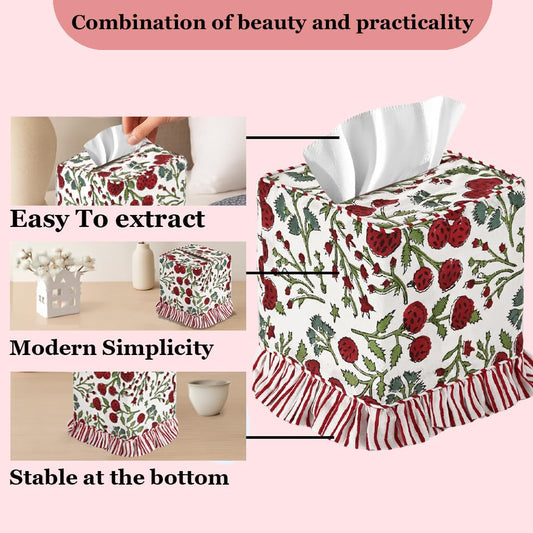 Hand Block Print Cotton Tissue Box Cover - Red Garnet