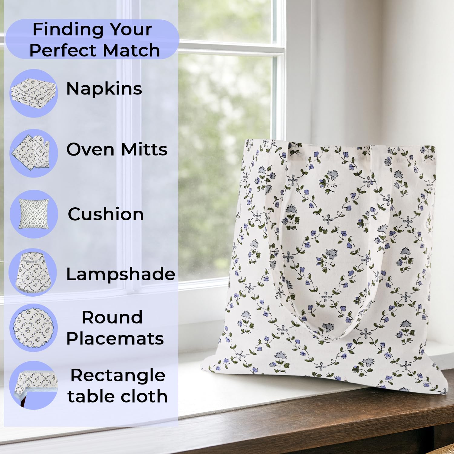 Hand Block Print Cotton Tote Bag - Powder Blue
