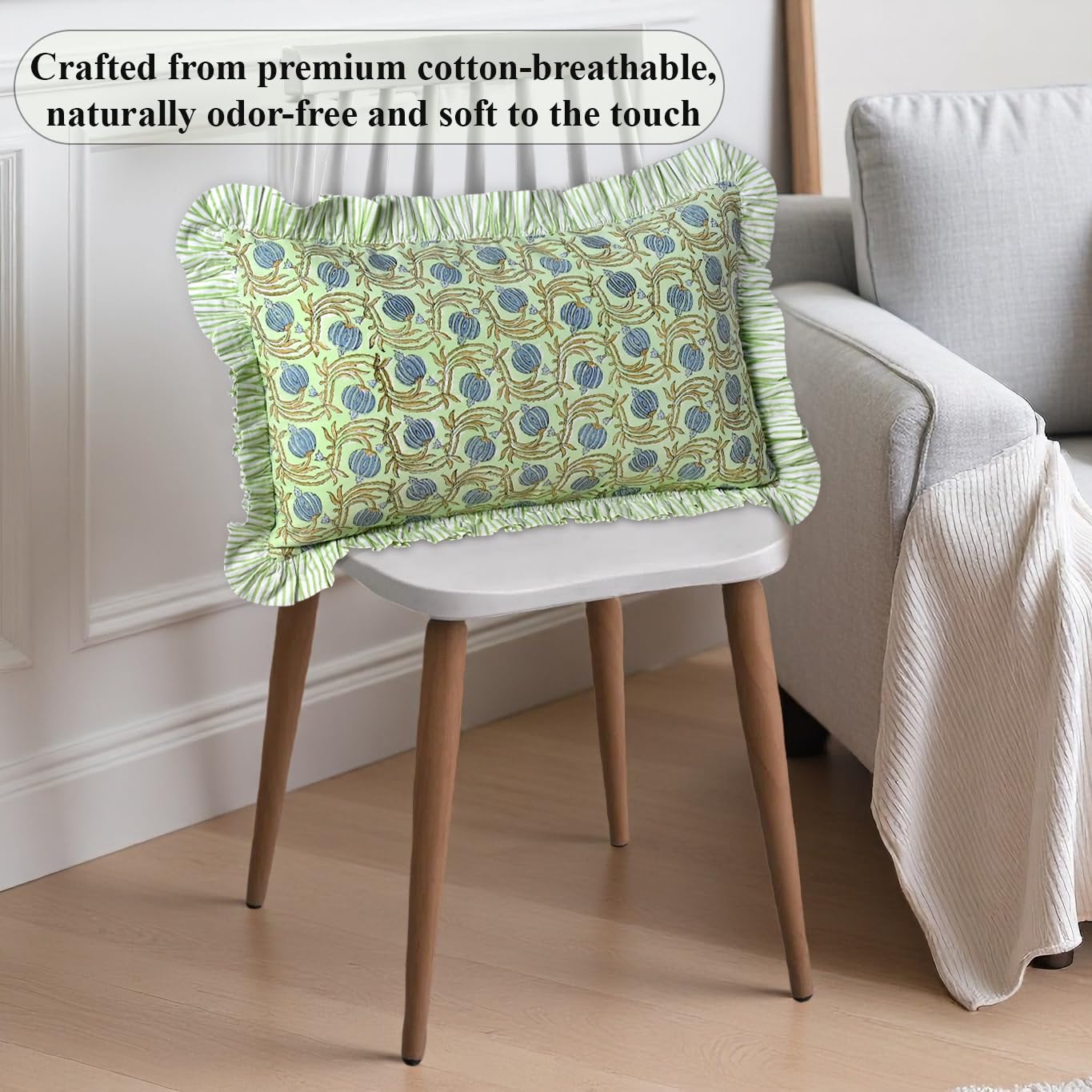 Hand Block Print Cotton Throw Pillow Cover - Apple Green Floral