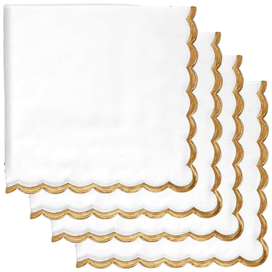 Hand Block Print Cotton Cloth Napkin - White with Champagne Gold Edge
