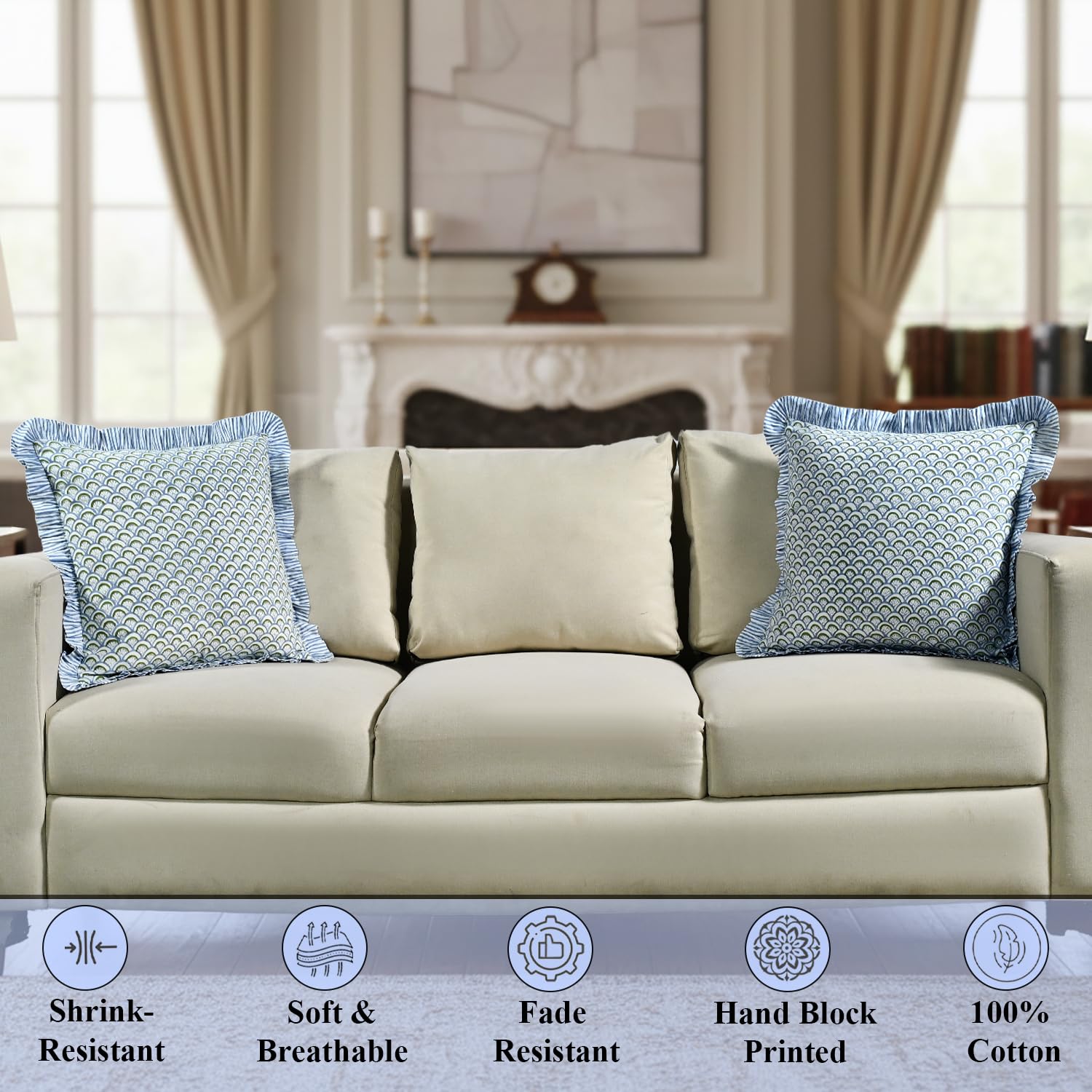 Hand Block Print Cotton Throw Pillow Cover - Hand Fan Harmony