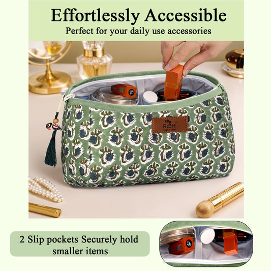 Hand Block Print Cotton Cosmetic Bag - Basil Green