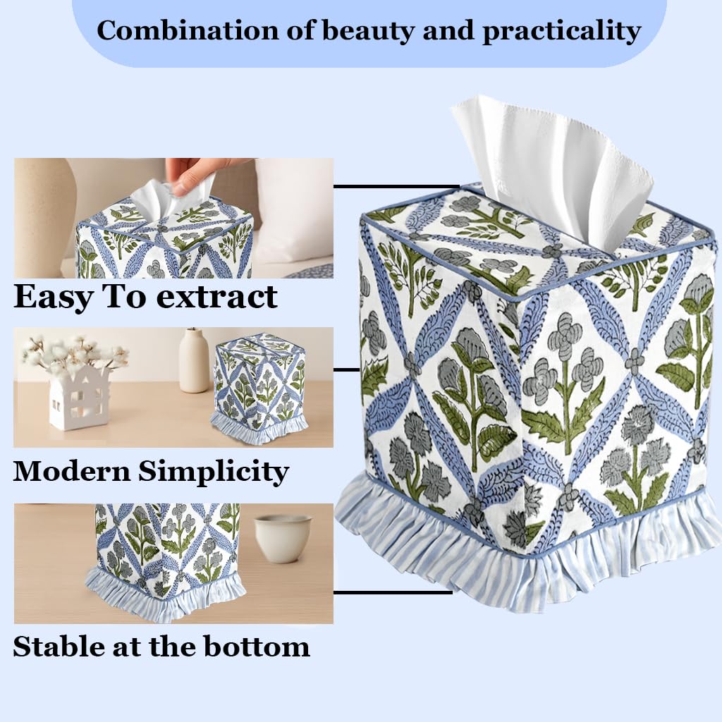 Hand Block Print Cotton Tissue Box Cover - Light Steel Blue