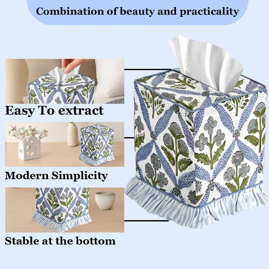 Hand Block Print Cotton Tissue Box Cover - Light Steel Blue