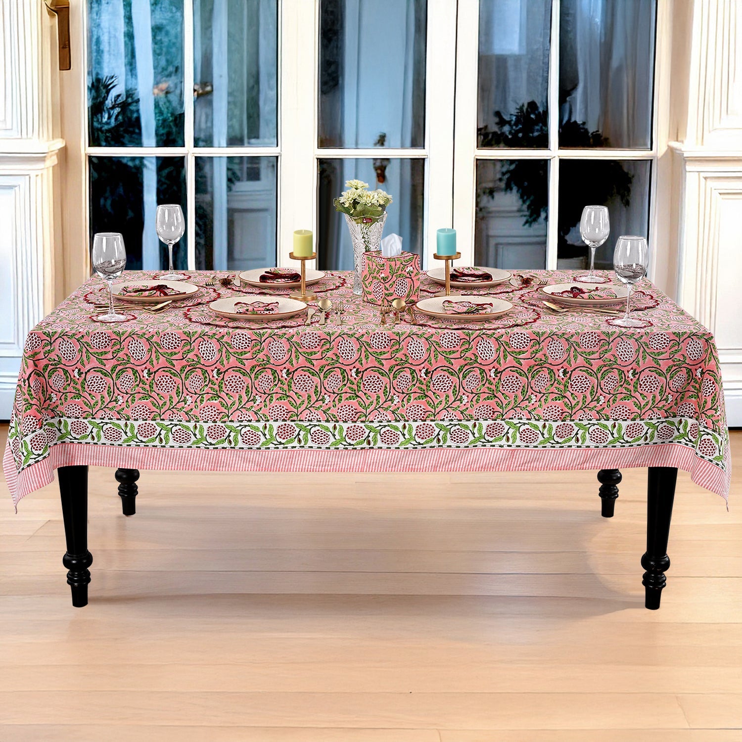Strawberry Pink Rectangle Tablecloth Ridhi Block Print