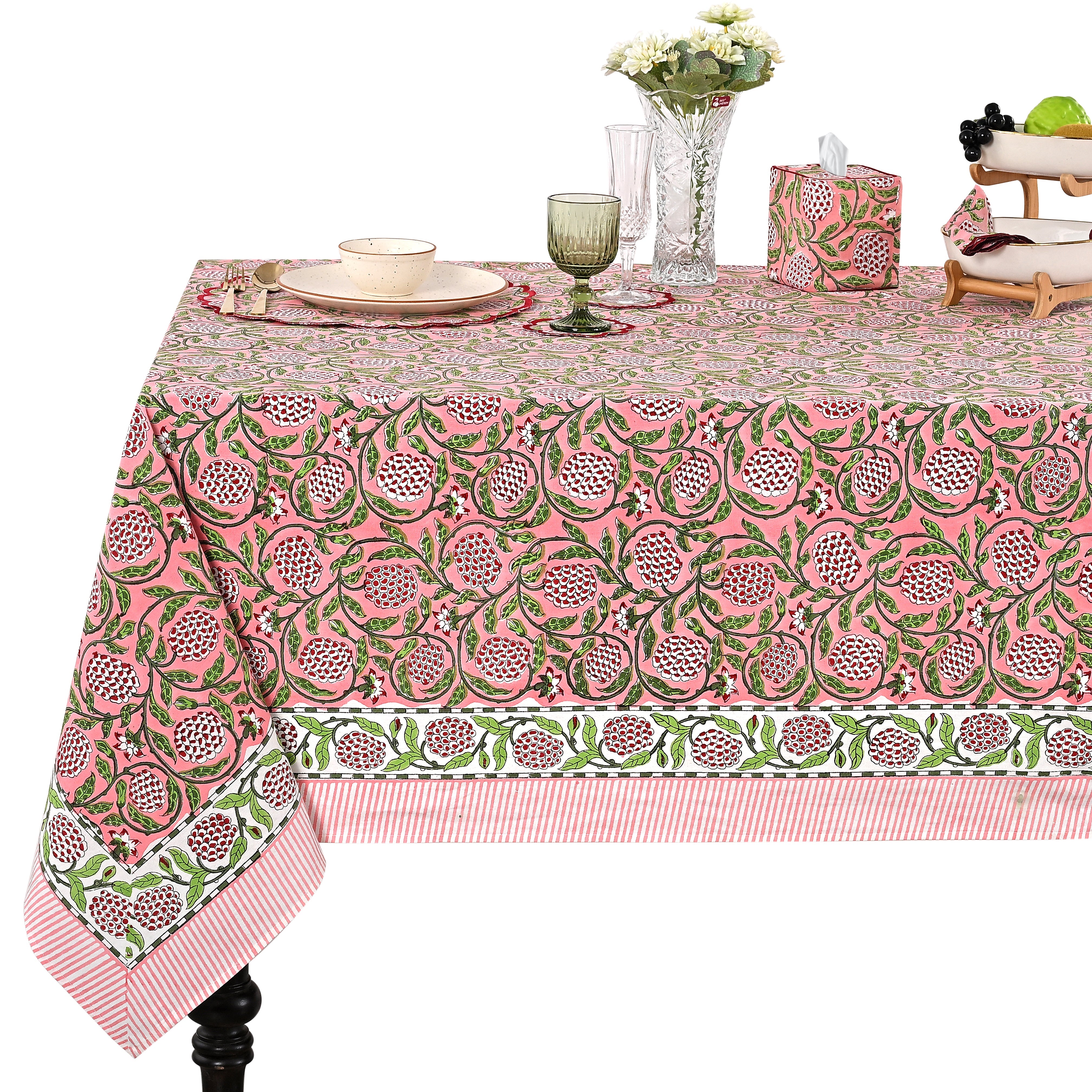 Strawberry Pink Rectangle Tablecloth Ridhi Block Print