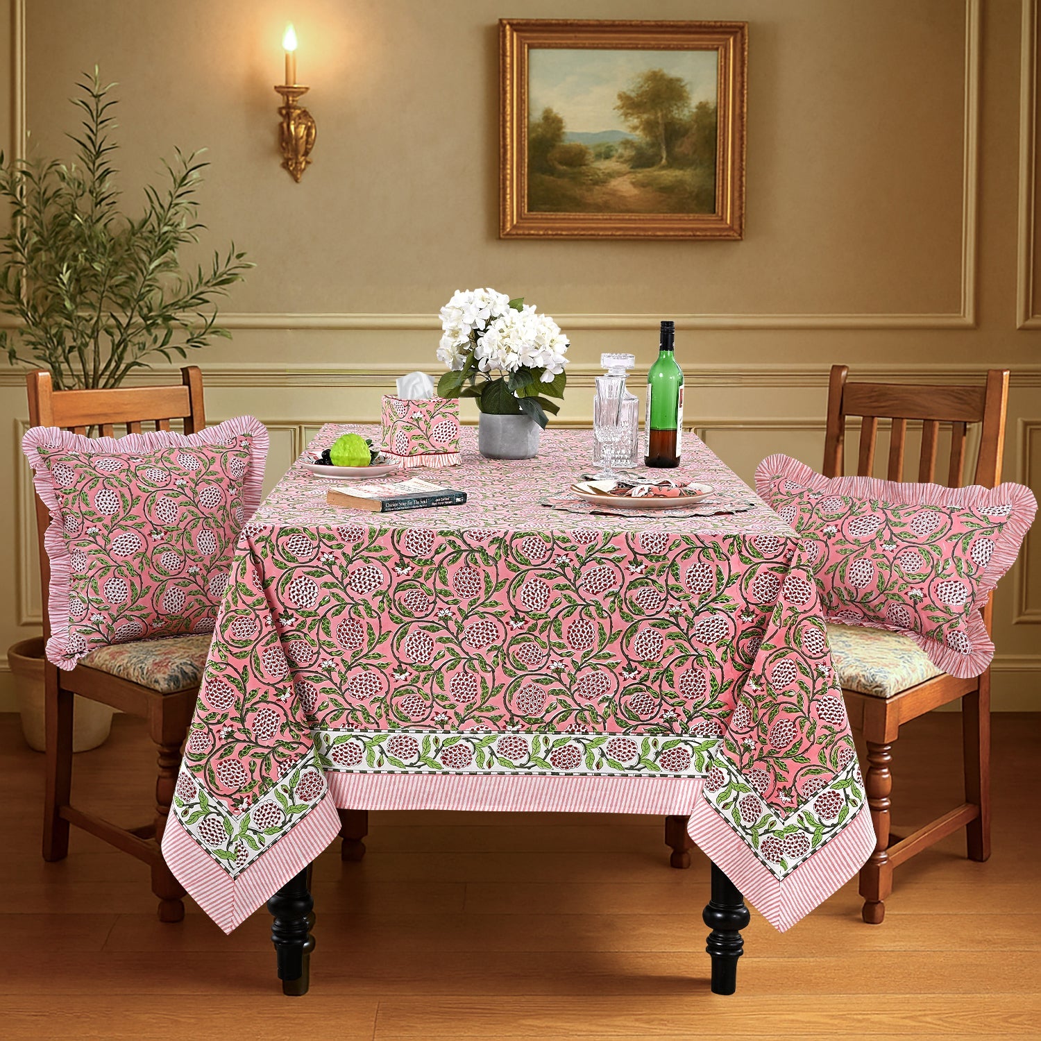 Strawberry Pink Rectangle Tablecloth Ridhi Block Print
