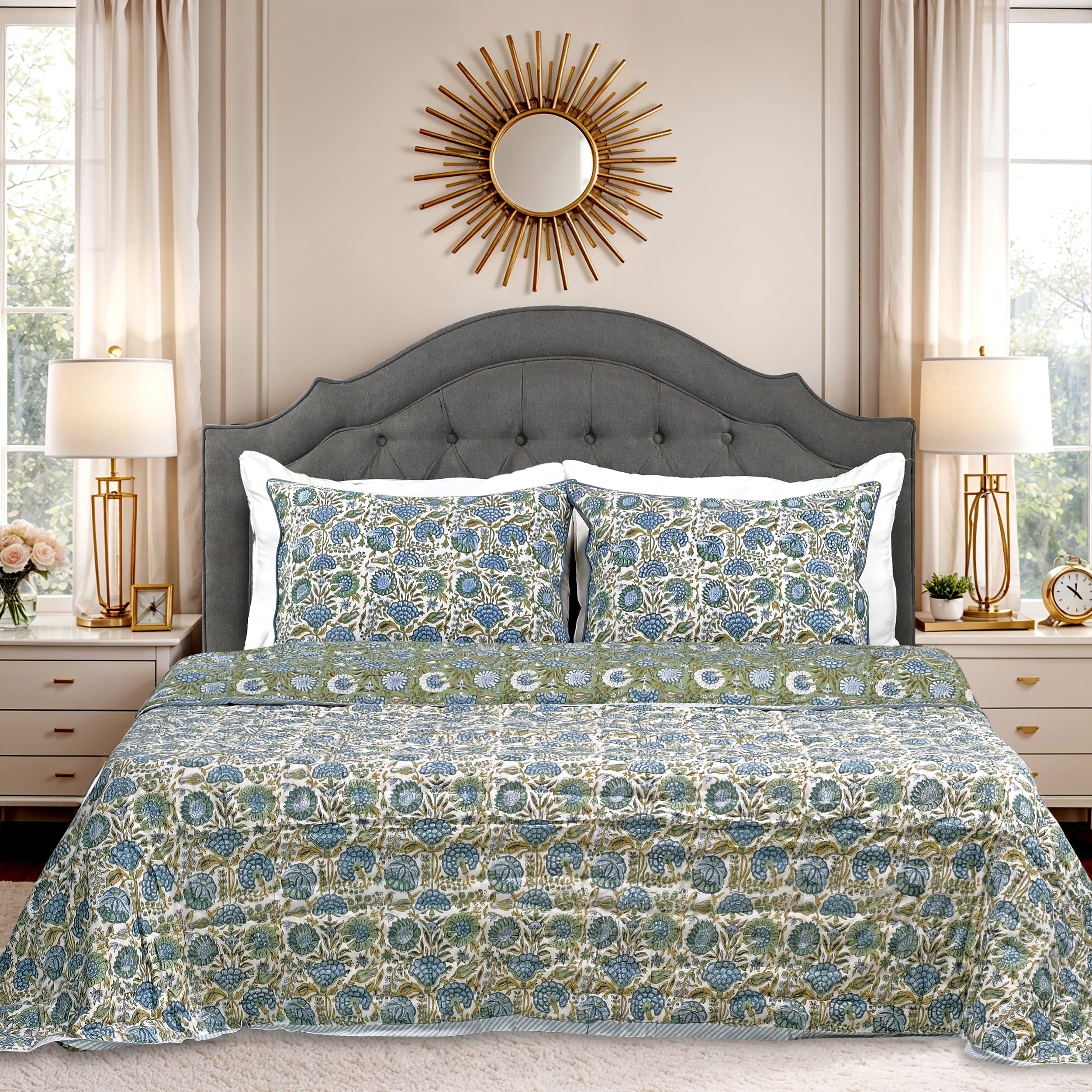 Asparagus Green Quilt Ridhi Block Print