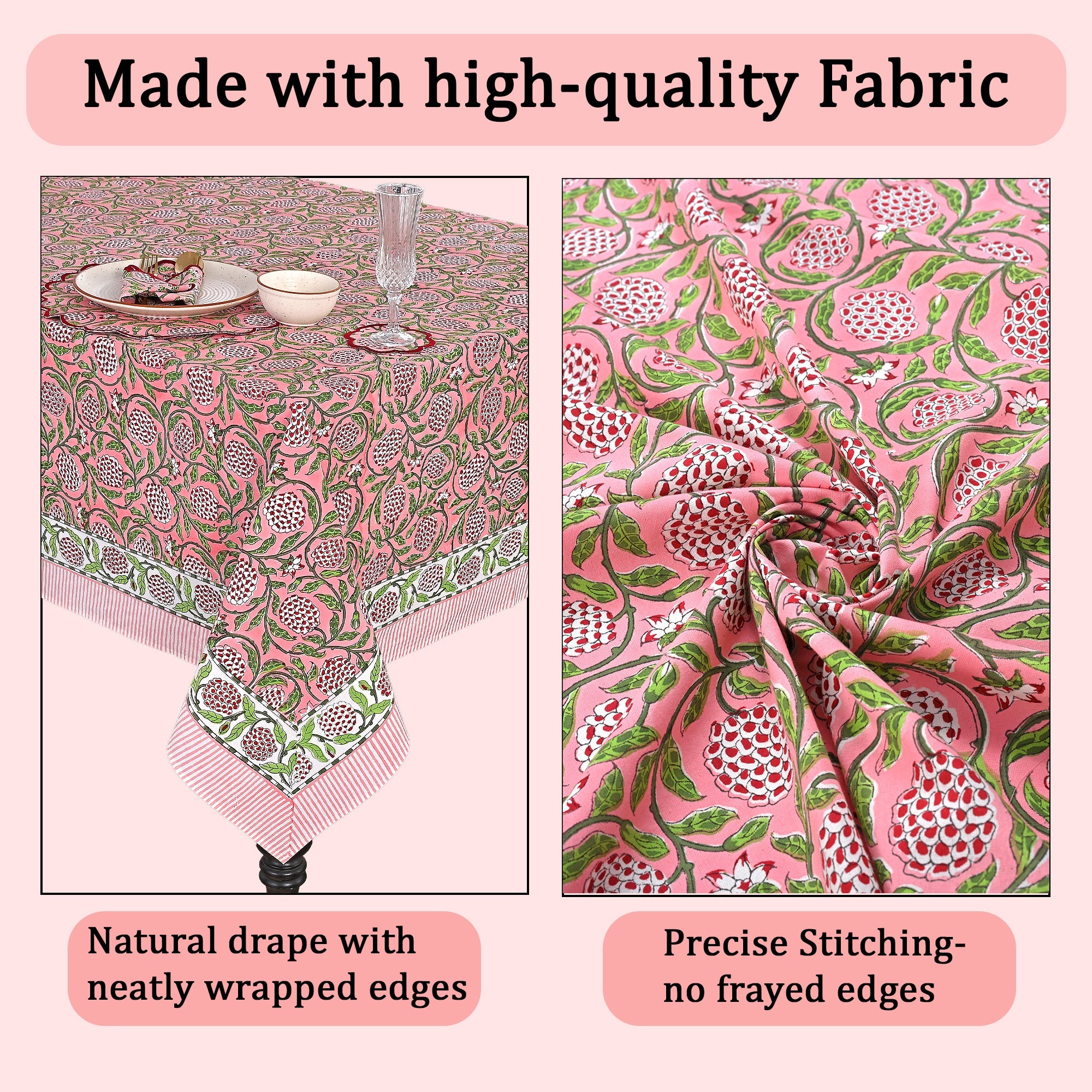Strawberry Pink Rectangle Tablecloth Ridhi Block Print
